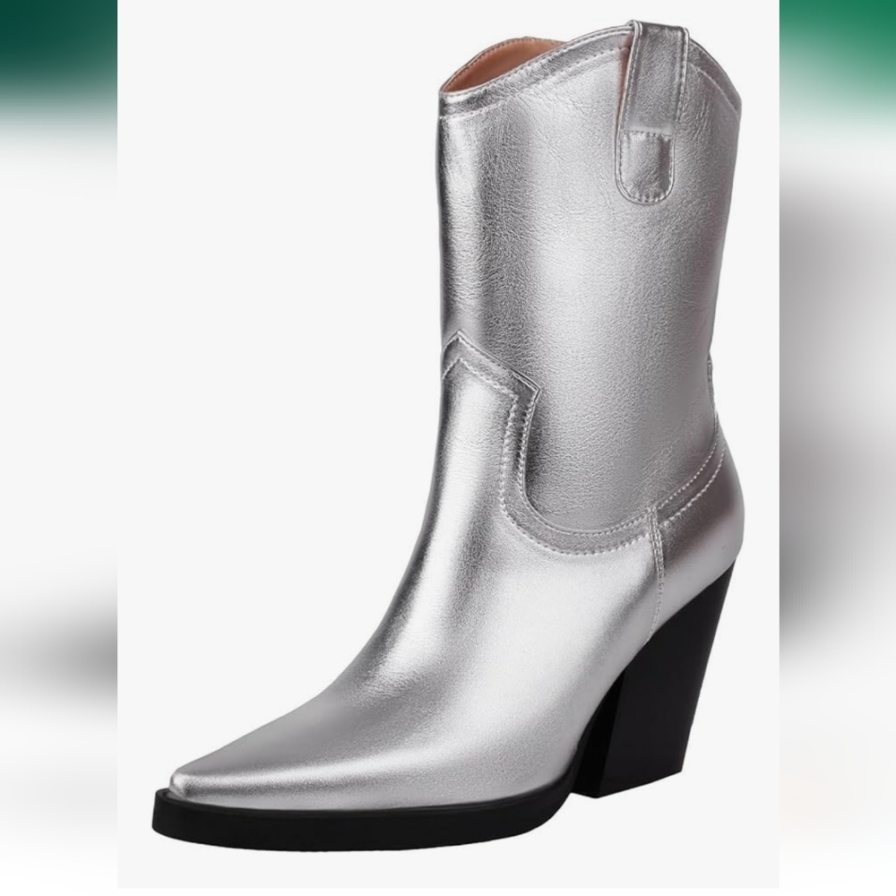 LOIRIT Women's Cowgirl Boots Silver Mid Calf Chunky Heel Boots - NWOB - Picture 2 of 7